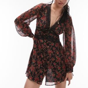 Topshop - Black V-Neck Lace Mini Tea Dress with Red Floral